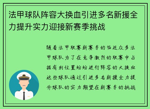 法甲球队阵容大换血引进多名新援全力提升实力迎接新赛季挑战