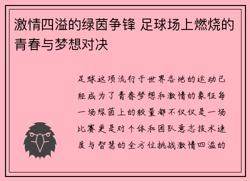 激情四溢的绿茵争锋 足球场上燃烧的青春与梦想对决